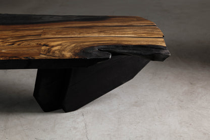 Japandi Walnut Coffee Table EM103 Part Of 18 Brut Collection | Sideview showcasing the charred live edge. 
