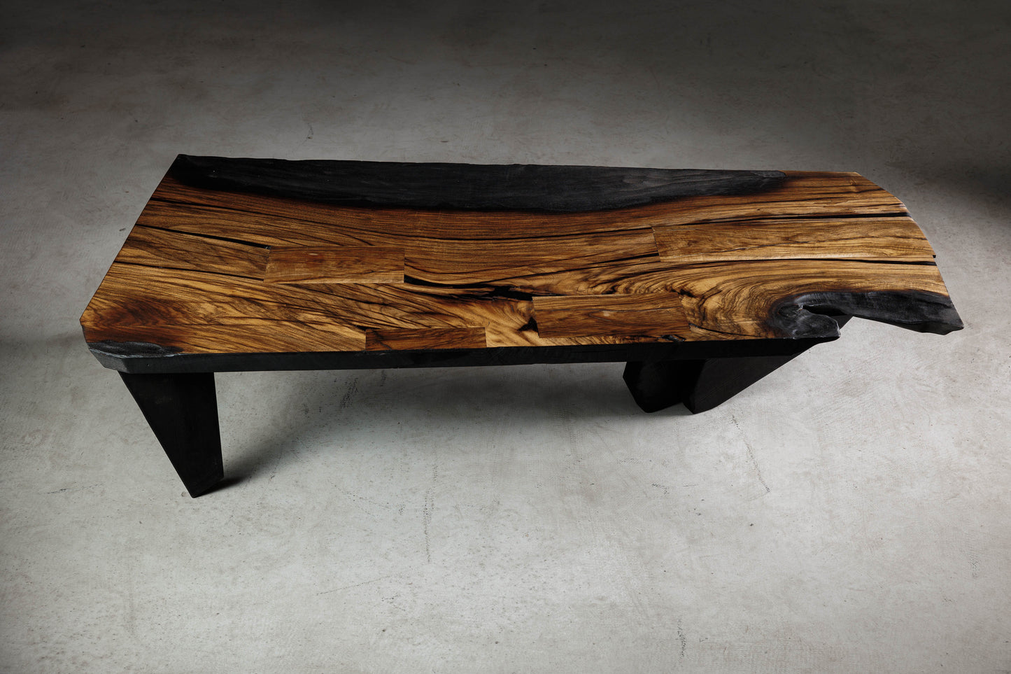 Japandi Walnut Coffee Table EM103 Part Of 18 Brut Collection | View from above showcasing the walnut patches and charred texture. 