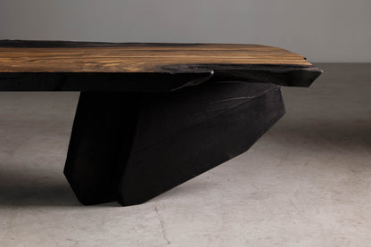 Japandi Walnut Coffee Table EM103 Part Of 18 Brut Collection | Sideview showcasing the charred ash base.