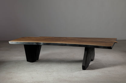 Wabi Sabi Inspired Walnut Coffee Table EM104 Part Of 18Brut Collection | Sideview showcasing the walnut with the blackened edge. 
