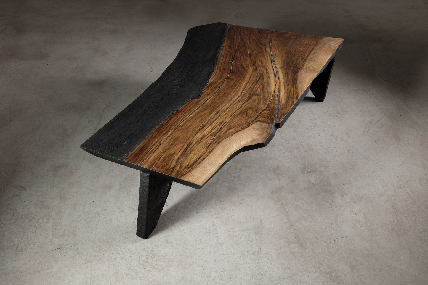 Brutalist Coffee Table With Japandi Influences EM106 Part Of 18Brut Collection | View from above showcasing the whole walnut slab. 