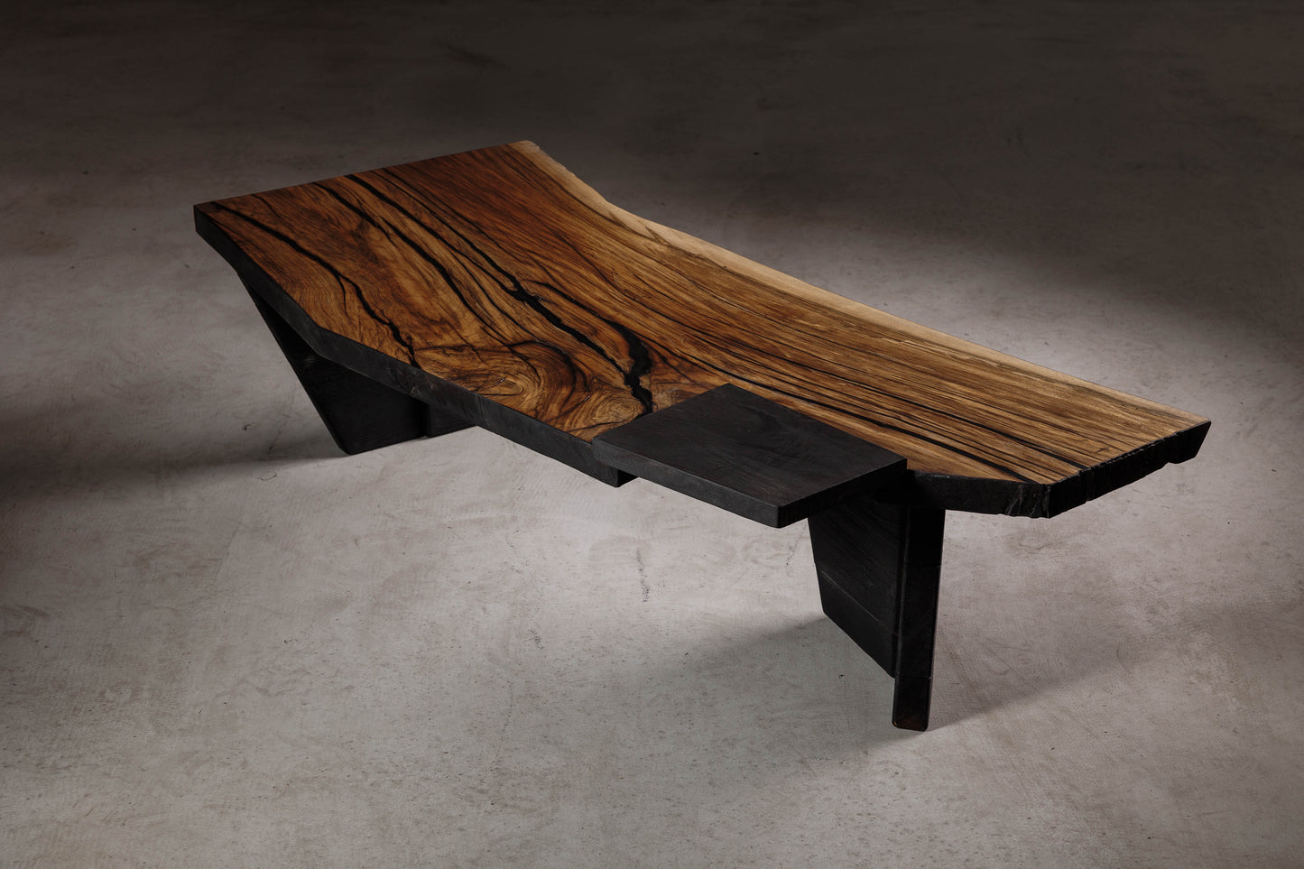 Japandi Inspired Walnut Slab Coffee Table EM108 Part Of 18Brut Collection | Image from above showing the proud charred walnut insert. 