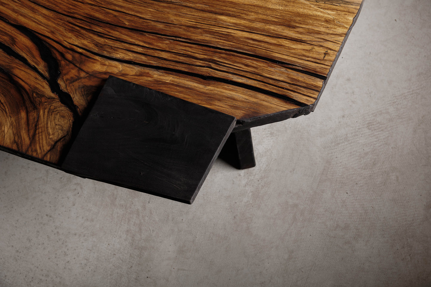 Japandi Inspired Walnut Slab Coffee Table EM108 Part Of 18Brut Collection |Close-up of the charred walnut insert.