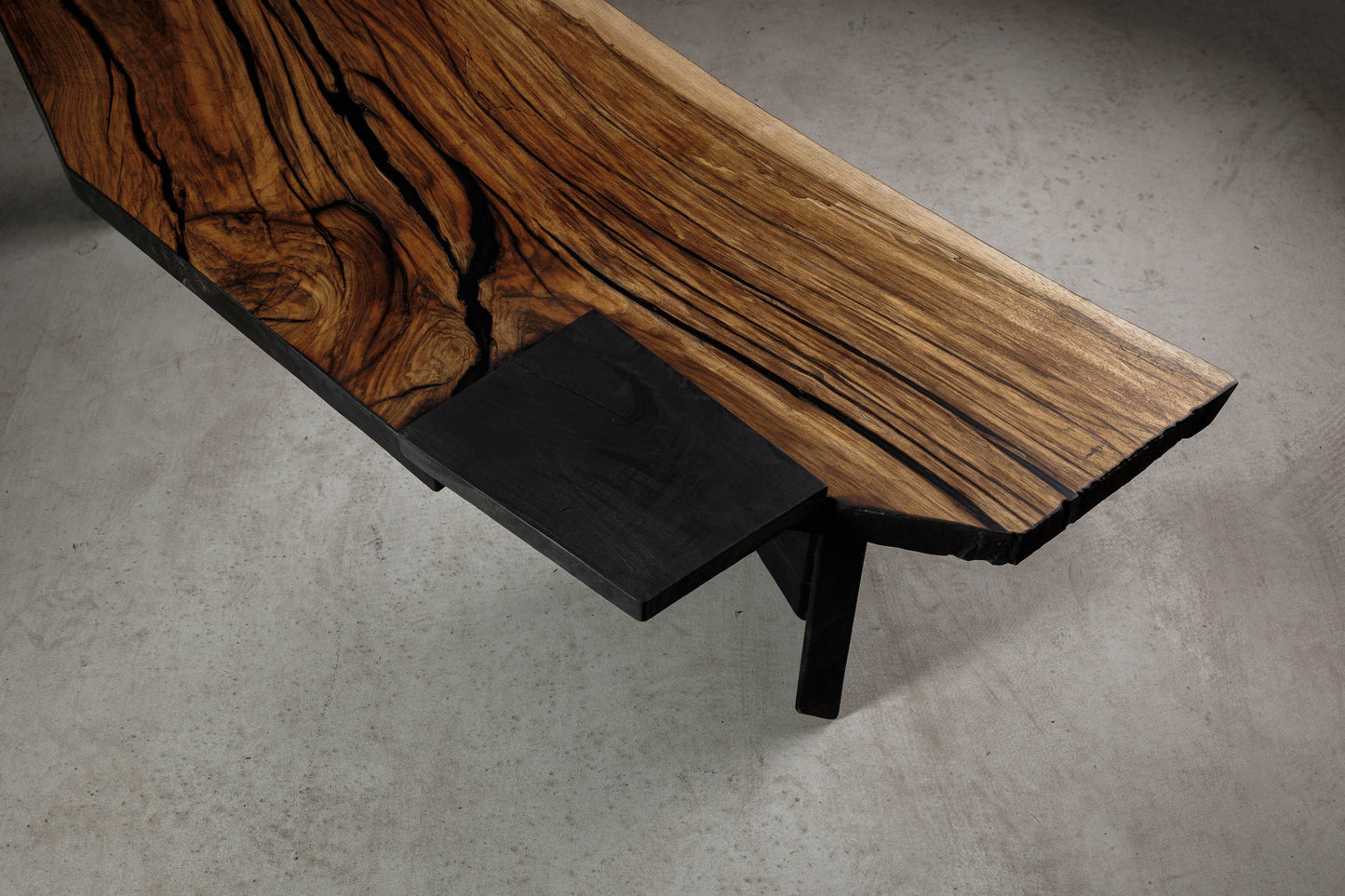 Japandi Inspired Walnut Slab Coffee Table EM108 Part Of 18Brut Collection | Image from above detailing the protruded charred walnut insert.  