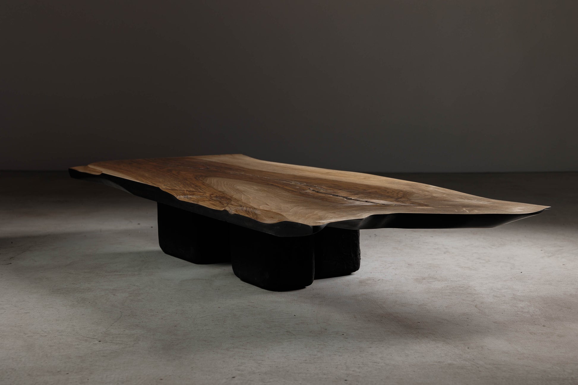 Modern Organic Walnut Coffee Table EM109 Part Of 18Brut Collection | Perspective image of the unique coffee table.