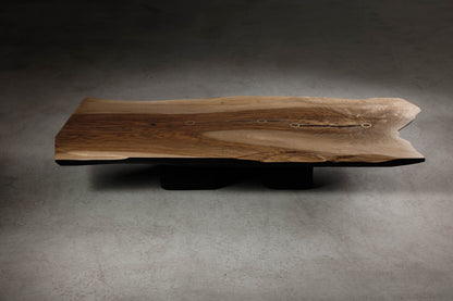 Modern Organic Walnut Coffee Table EM109 Part Of 18Brut Collection | Sideview from above showing the hand-carved edge and brass insertions. 