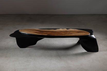 Sculptural Walnut Coffee Table EM110 Part Of Erosio Collection | Sideview image from above showing the fluid geometry of the table. 